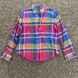 Lauren Ralph Lauren PS Plaid Cotton Button Shirt Rainbow Sheer Lightweight *Snag